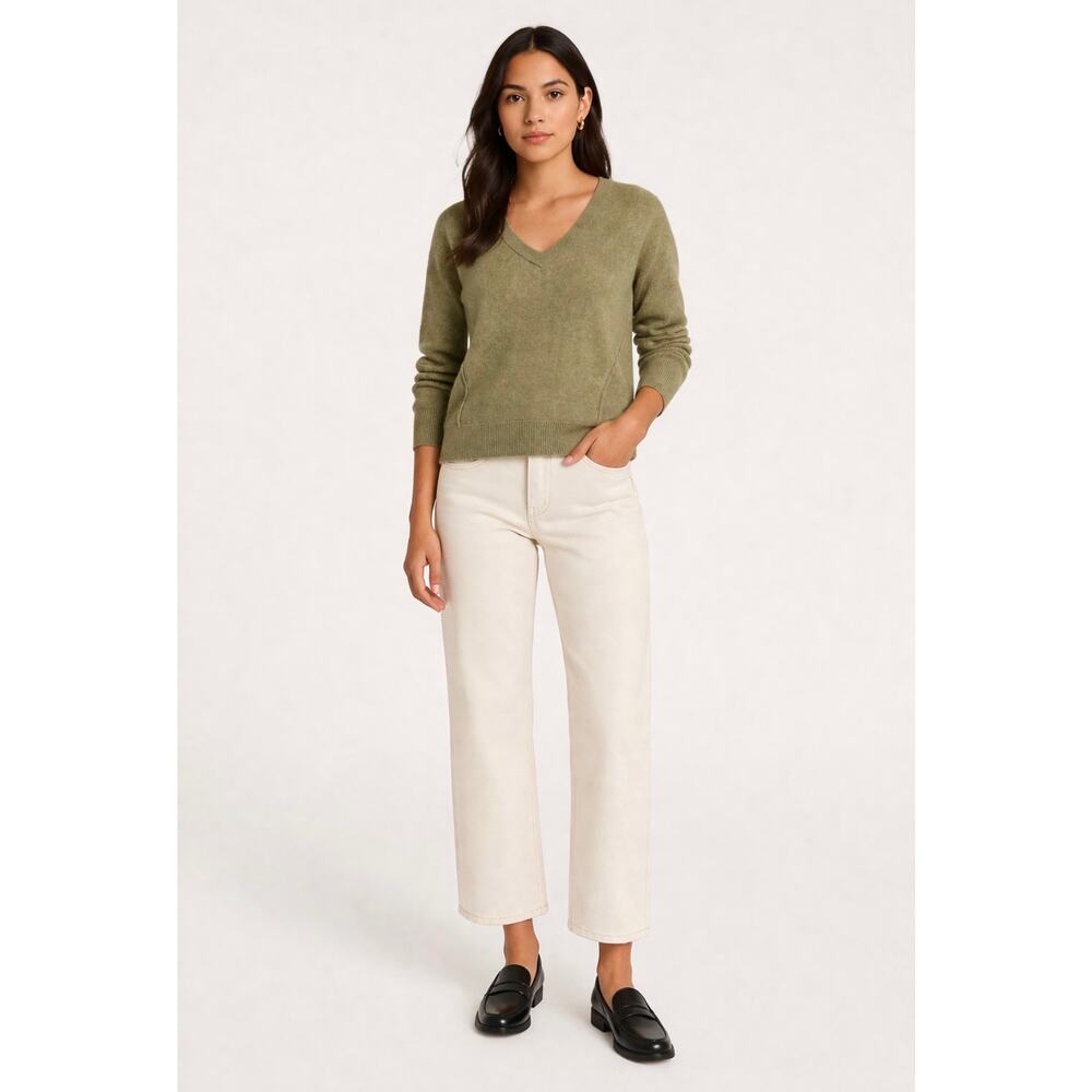 Lucky Brand Womens XS Green V Neck Sweater Soft Knit Relaxed Fit Ribbed Trim